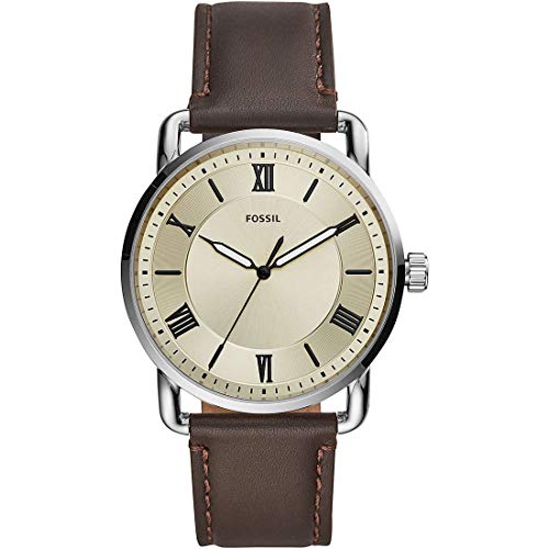Fossil Reloj para hombre Copeland 42mm, movimiento de cuarzo, caja de 42mm de acero inoxidable plateado con correa de piel, FS5663