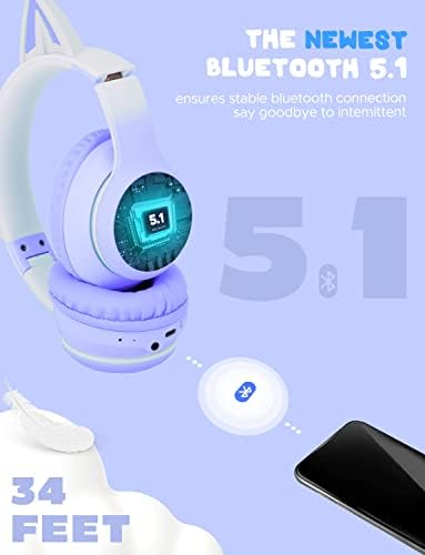 JYPS Kids Wireless Headphones, Childrens Headphones with LED Light and Cat Ear for Girls, Bluetooth Headset with Detachable Noise-cancelling Microphone and Built-in Mic for Call/Gaming (purple)