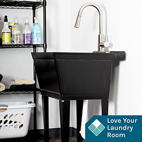 Laundry Sink Utility Tub With High Arc Metal Pull Down Faucet By Js Jackson Supplies Parent (Stainless Faucet, Black Tub) #TOP2