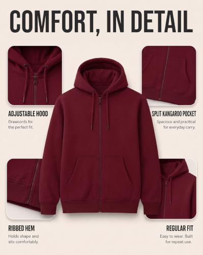 Image of Nobero Classic Zipper Hoodie for Men | Zip Up Hoodies for Men | Regular Fit | Full Zip Closure | Drawstring Hood | Zipped Hooded Sweatshirt | Cotton Rich Zipper Fleece Hoodie