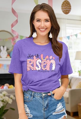Image of Ithalt Easter Shirts for Women He is Risen Tshirt Easter Christian T-Shirt Jesus Lover Short Sleeve Tops