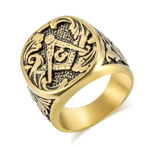 VHcgCGJ Anillos de Moda, Anillo de Sello masónico Patrimonio la masonería Acero Titanio Oro Bicolor con pergaminos históricos cantero(Gold,Q)