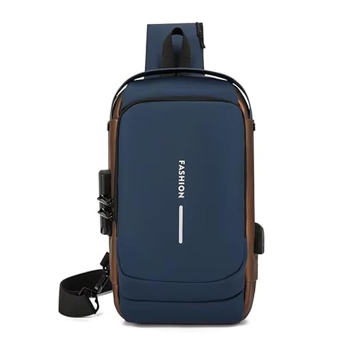 HigVu Anti-Theft Sling Bag with USB Charging Port | Waterproof Crossbody Backpack/Lightweight Travel & Daily Use/Stylish Design Bag, Password Lock, Cycling, Travel (Blue with Brown)