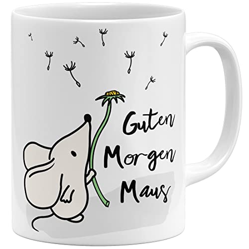 OM3® Guten Morgen Maus Tasse mit Spruch Statement - Keramik Becher - 325ml - Beidseitig Bedruckt - Weiss