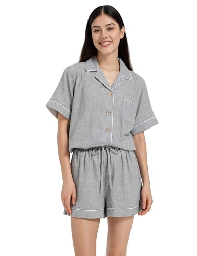 Image of Womens Muslin Pajama Sets 100% Cotton Double Gauze Linen Like Short Pjs | Breathable Soft Comfort Button Up Loungewear Sleepwear PJ Set