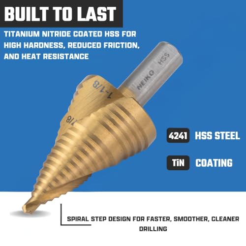 Image of NEIKO 10627A Step Drill Bit, 2 Steps 7 /8 inch to 1-1 /8 inch Spiral High Speed Steel, Titanium Nitride Coated, 3 /8 inch Tri-Flat Step Bits for Steel, Metal, Wood, Plastic, Unibit Cone Drill Bits, Two Flute