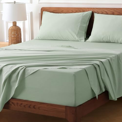 HYPREST Deep Pocket Queen Sheets Cotton - Queen Fit 18"- 24" in Deep Mattress, Sage Green Sheets, Aesthetic Cooling Sheets for Hot Sleepers, Non Slip Bed Sheets