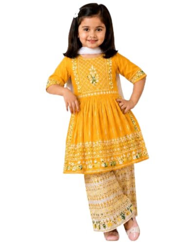 Image of Girls Embroidered Printed Kurta with Printed Palazzo Set, Ethnic Wear, 3-Piece