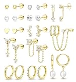 Adramata Stud Hoop Earrings for Women Hypoallergenic Flat Back Earrings Stud Chain Dangle Earring Sets for Multiple Piercing Conch Cartilage Earring Gold Silver Tragus Helix Piercing Jewellery