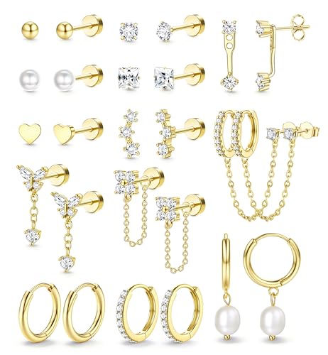 Adramata Boucles d'Oreilles Femme Or Argent Hypoallergéniques Boucles d'Oreilles Femme Acier Inoxydable Boucle d'Oreille Pendante Chaîne Creoles Petites Conch Cartilage Tragus Helix Piercing Oreille