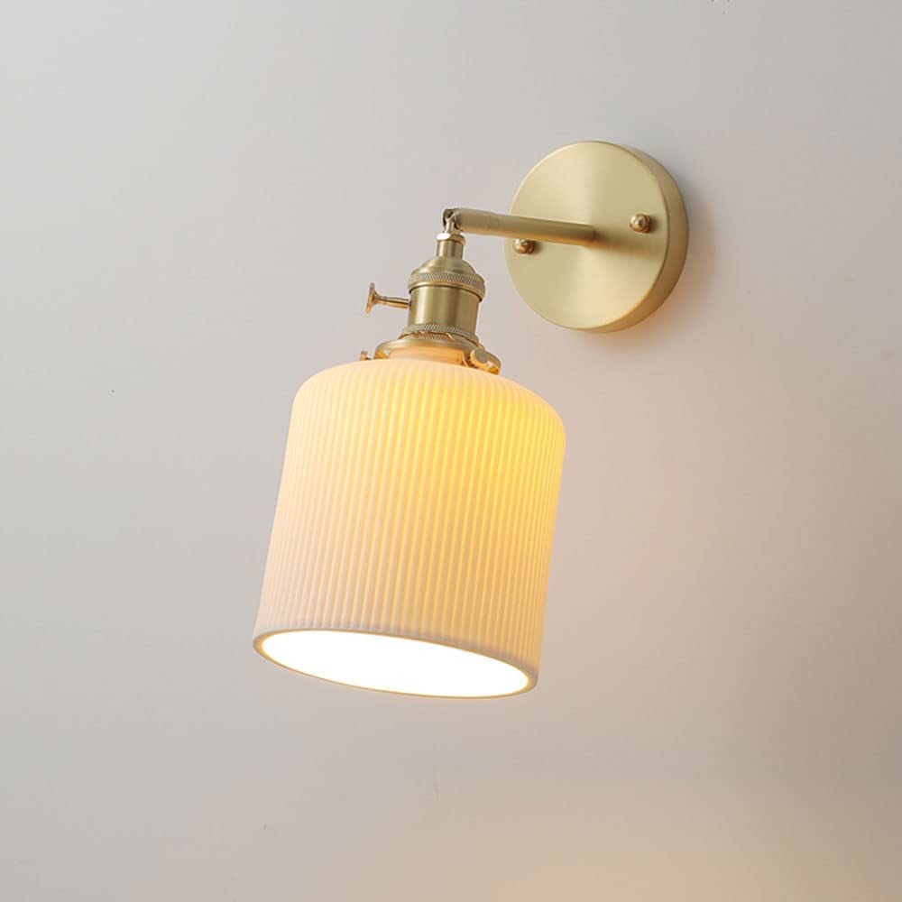 PZAOJAU Vintage Milk Glass Wall Sconce White Ceramic Ribbed Glass Brass Wall Mounted Light Adjustable Arms Gold Mid Century Modern Wall Lamp For Bedroom Living Room Farmhouse Bathroom Hallway