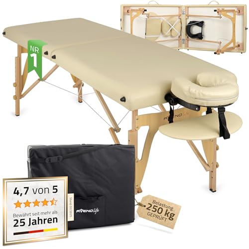 HABYS Sonia Massageliege | Klappbar Holz 2 Zonen | Massagetisch mit Vollausstattung | 165 x 60 x 84 cm, bis 250 kg | Kopfstütze, Tragetasche, MDR-Zertifiziert | Beige