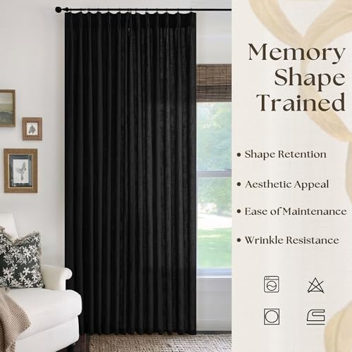 Image of Black Linen Semi Sheer Curtains 96 Inches Long for Living Room Pleated | Bedroom, Light Filtering, Textured, Burlap, Pinch Pleated, Hooks Rings, Back Tab, for Sliding Glass Door, 1 Panel, 96 Length