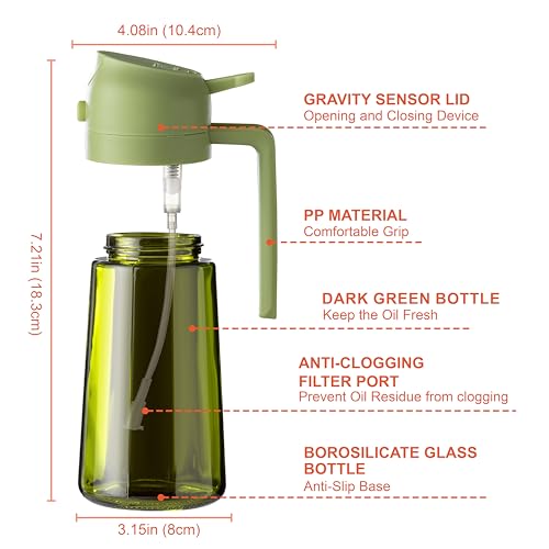 Image of CXINYI - 16oz /470ml Olive Oil Dispenser for Kitchen with Stickers - 2 in 1 Olive Oil Sprayer for Cooking, Air Fryer, and Salad, Black&Green (Light-Proof Kitchen Gadget)