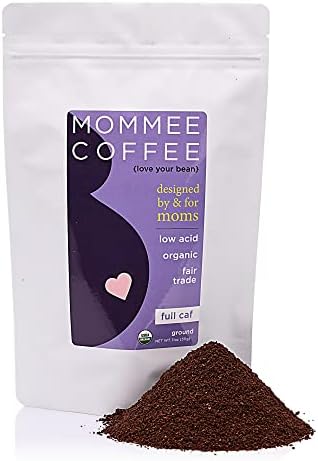 Mommee Coffee Full Caf Ground Low Acid Coffee - 100% Arabica Organic Coffee Beans with Smooth Caramel Flavor - Medium Grind for Drip, Reusable One Cup Filters - 11 oz