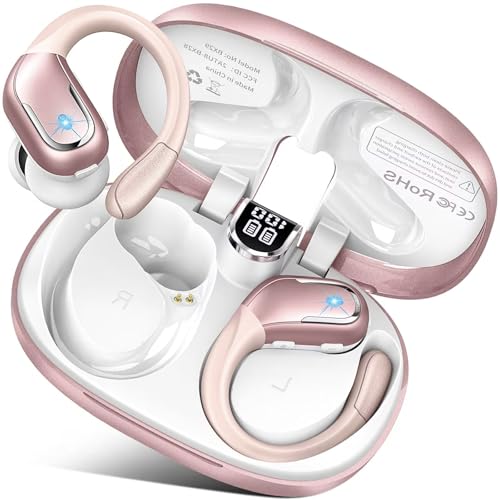 Wireless Bluetooth Earbud Sport, Bluetooth 5.3 Headphones with Noise Cancelling Mic, 75H HiFi Stereo Over Ear Earbud with LED Display and USB-C, IP7 Waterproof Earphones, Button Control, bright gold