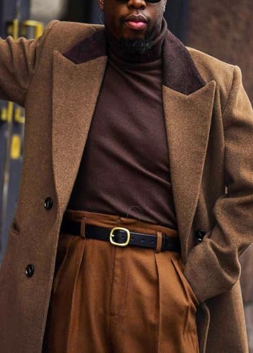 Image of Man's Double Breasted Full Length Trench Coat Casual Notch Lapel Long Jacket Peacoat Wool Blend Winter