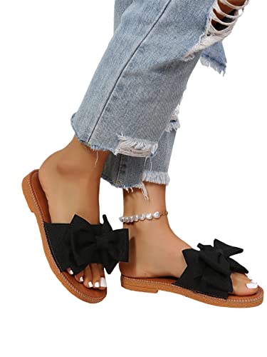 Image of GORGLITTER Women's Bow Flat Sandals Open Toe Slip On Slide Slipper Shoes | Sandals Women Comfortable, Dressy Sandal Women, Y2k Shoes, Dress Slippers for Women, Flats