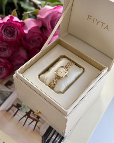 Image of FIYTA Women's Watch - Elegant Gold Small Square Luxury Watch with Sapphire Crystal; 316L Stainless Steel Jewelry Bracelet, Timeless Gift for Her, Mother's Day, Gift Box Included