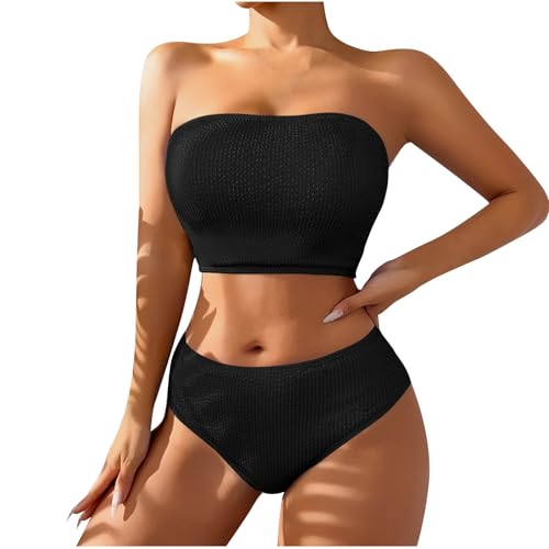Swimsuit for Women Ruched Bandeau Strapless Padded Top and High Waisted Bottoms Fashion 2 Piece Swimwear for Beach