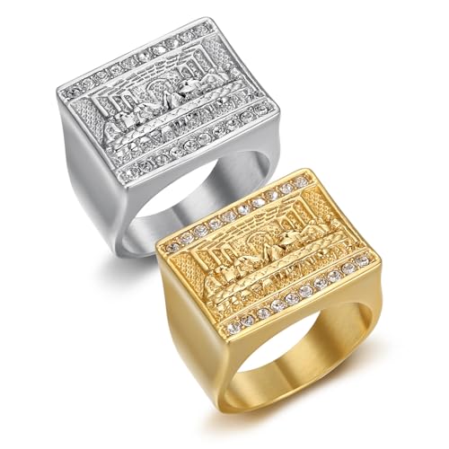 18K Gold/Silver Plated Titanium Steel Hip Hop Rings, Moissanite Diamond Ring, Christian Men's Trendy Bling Ring, Jesus The Last Supper, Hiphop Jewelry for Men, Personalized Gifts4