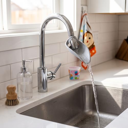 Image of Portable Silicone Bathroom Sink Faucet Extender - Splash Reducing Hand Washing Helper for Toddlers, Kids, and Children, Faucet Cover Extension Attachment (Grey)