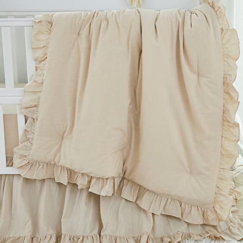 Brandream Gender Neutral Boho Bohemian Baby Girl Boy Nursery Crib Bedding Set 3 Pieces Solid Beige Farmhouse Chic Ruffle Unisex Cozy 100% Washed Cotton #TOP1