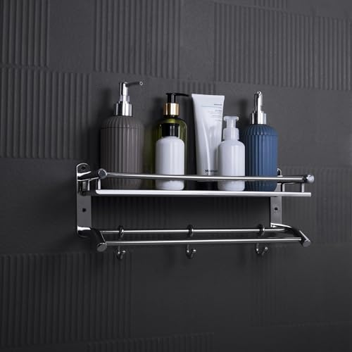 Image of EVANEX 2 Layer Bathroom Shelf | 304 Grade Stainless Steel Wall Mount Bathroom Organizer Rack | Rust Proof Multipurpose Floating Shelf | Wall Shelves | Bathroom Accessories Set
