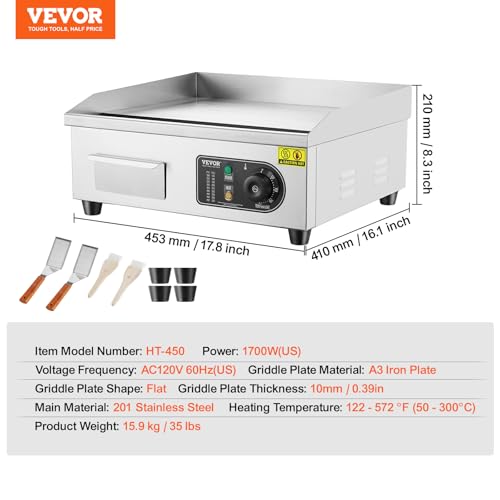 Image of VEVOR Commercial Electric Griddle, 1700W Countertop Flat Top Grill, 18in Stainless Steel Griddle Grill with 2 Shovels and 2 Brushes for Home or Restaurant, 122℉-572 ℉ Adjustable Temp