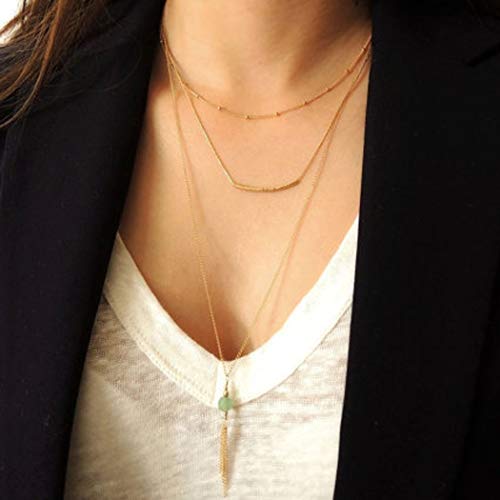 Preisvergleich Produktbild Jovono Boho mehrschichtige Halsketten mit handgefertigten grünen Perlen Anhänger Quaste Kette Schmuck für Frauen und Mädchen (Gold)