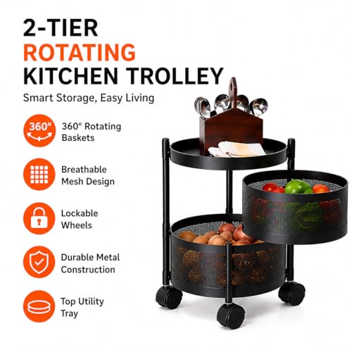 Image of Homeor 2 Layer Kitchen Trolley with Wheels | 360 Rotating Metal Storage Rack for Vegetables, Fruits, Onion & Spices | Round Multipurpose Kitchen Organizer Stand | Metal Kitchen Trolley, Matte Black