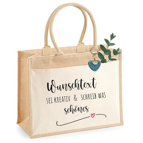 AMBERGER DESIGN by A&M Osterhage amd – Nachhaltige Jute-Tasche bedruckt mit individuellem Wunschtext - Geschenktasche Personalisiert - Tragetasche Shopper - Jutebeutel mit Name | 42x33x19cm