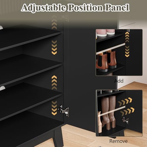 Image of Shoe Cabinet Storage for Entryway, 4 Tier Fluted Shoe Storage Cabinet with 2 Drawers, Narrow Hidden Shoe Organizer with Adjustable Shelves, Freestanding Shoe Rack for Entryway, Hallway, Black