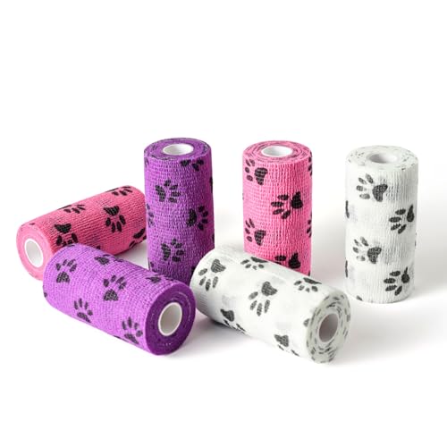 Image of WePet Pet Wrap, Self-Adhesive, Only Sticks to Itself, Non-Woven Tape for Dog Legs, Paws, Wounds, First Aid Cohesive Gauze for Horse, Cat, Bird, Animal, 6 Rolls, 4 Inch, Pawprints B