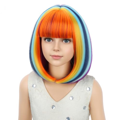 PATTNIUM Colorful Bob Wig Short Rainbow Straight Wig with Bangs Cosplay Party Synthetic Rose Net Daily Wear Wig
