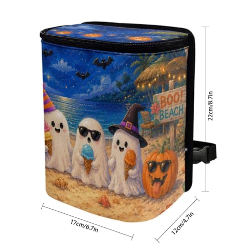 Image of Talayituse Beach Ghost Pumpkin Bat Print Car Trash Can with Lid, Leak Proof Auto Trash Bag Hanging Vehicle Garbage Can Multipurpose Storage Container for Back Seat Road Trip Halloween Decor