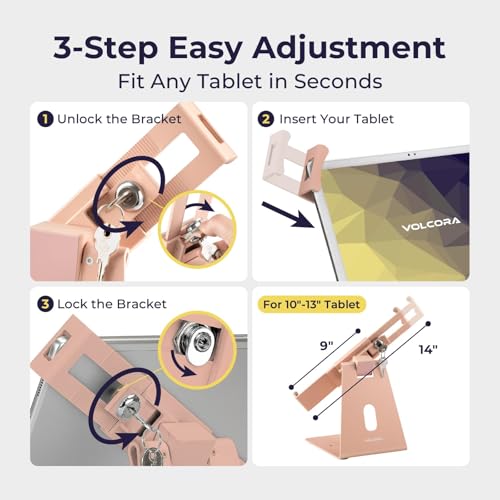Image of Volcora Anti-Theft Tablet Stand iPad Kiosk Stands with Lock, Pink 10-13'' ipad Stand for Desk, Swivel, Adjustable iPad Holder for Desk, iPAD Mount for POS Register, Retail Business, Cashier