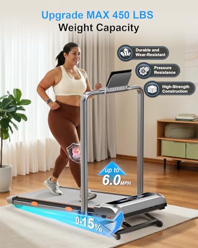 Image of Walking Pad with 15% 12-Level Auto Incline & Handle Bar, 450 lbs Capacity UI Screen, Trisomy 3.5HP Quiet Under Desk Treadmill, Speaker, APP & Remote Control, Treadmills for Home Hiking