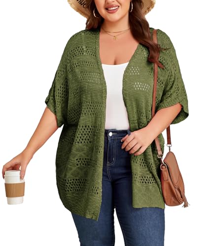 Image of ForHailey Women's Plus Size Crochet Cardigan Kimonos Boho Short Sleeve Oversized Summer Open Front Knitted Sweater