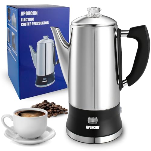 APOXCON Electric Coffee Percolator Stainless Steel Coffee Maker with Tough Glass Knob Classic Coffee Pot with On/OFF Switch Keep Warm & Cordless Serve No Aluminum (12 Cup)