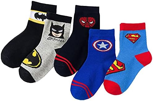 5 Pairs Superhero Children Socks.The Avengers Children Socks,Cotton Socks,Bed Socks.Spiderman,US Captain,Superman Socks (5 Pairs Superhero, Small)