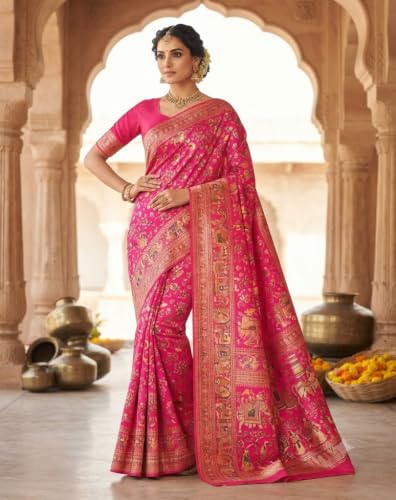 Generic rani pink zari woven silk saree – image 5