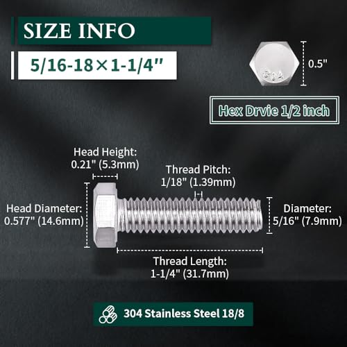 Image of 5 /16-18 x 1-1 /4 inch Hex Head Bolts Screws, 304 Stainless Steel 18-8, Fully Threaded, Hexagon Head Cap Bolts Screws, Coarse Thread UNC, 10 PCS
