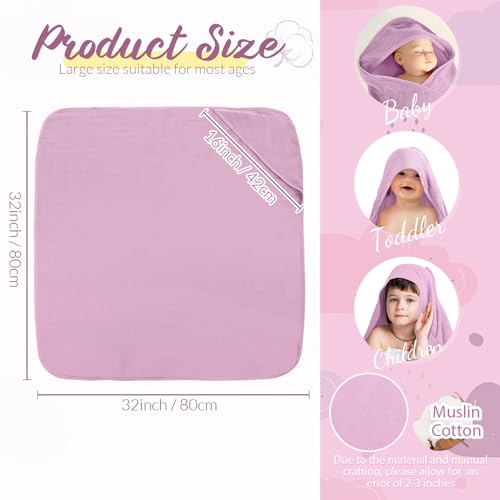 Image of Preboun 6 Pcs Muslin Hooded Baby Towels and Washcloths 32 inchx 32 inch Cotton Newborn Bath Towel Anti-Shrink Infant Baby Blankets with Hood 12 inchx 12 inch Washcloths for Girl Boy Toddler(Light Pink,Purple)