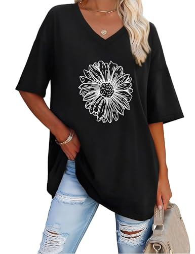 Litherday Damen T-Shirt Oversize V-Ausschnitt Longshirt Damen Kurzarm Basic Tops Sommer Plus Size Gänseblümchen Print Freizeit Oberteil Shirt Bluse (Schwarz L)