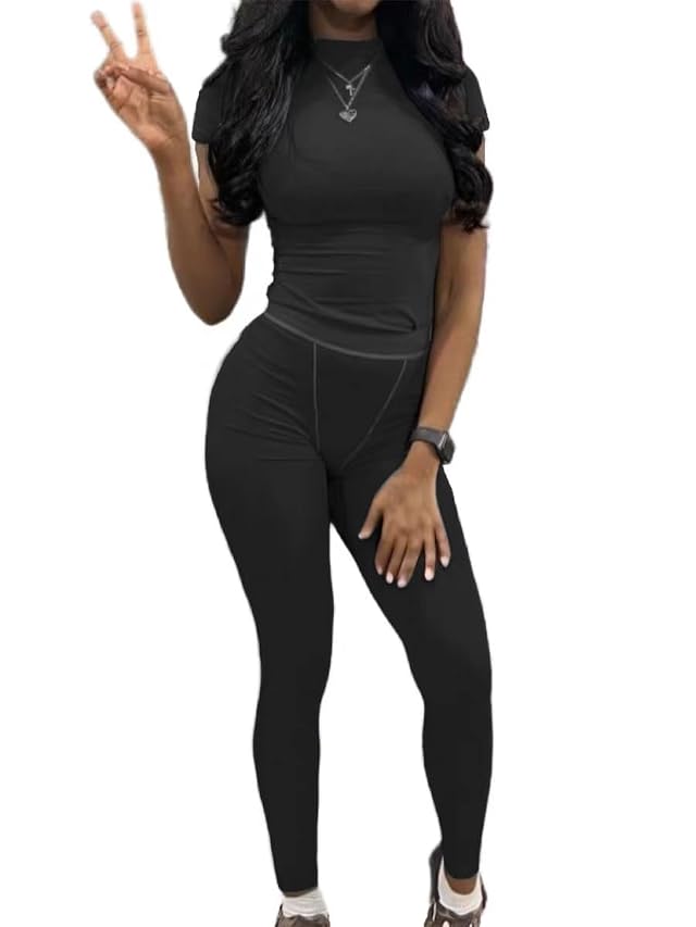 AYWA Two Piece Outfits for Women Fitted Crew Neck T-shirt High Waist Leggings Biker Shorts Matching Sets Streetwear