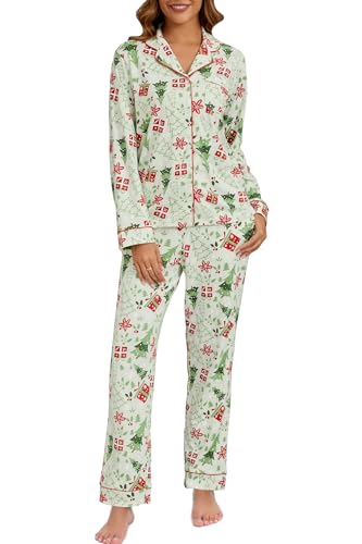 Image of LUBOT Christmas Pajamas for Women 100% Cotton Pajama 2 Piece PJ Set Soft Long Sleeve Button Xmas Print Loungewear XS-XXL