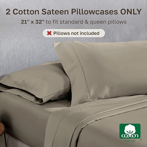 Image of California Design Den Standard Queen Size Pillowcase Set - 400 Thread Count, 100% Cotton Sateen, Set of 2 Pillow Covers, Soft and Breathable - Taupe