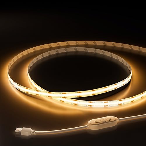 OULARA USB Bande LED COB 5V Chaud Blanc 2700K 2M, Dimmable Densité 640LEDs Ruban Lumineuse LED COB Flexible Découpable Bande LED Pour TV Rétroéclairage, Armoire, Chambre, Éclairage Maison DIY