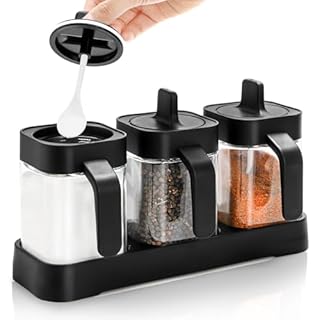 Mezchi Set of 3 Condiment Jar with Tray, 13.5 OZ Spice Container with Lids and Spoons, Glass condiment salt and sugar container sets, Kitchen Seasoning Box for Salt Pepper Sugar Storage, Black
